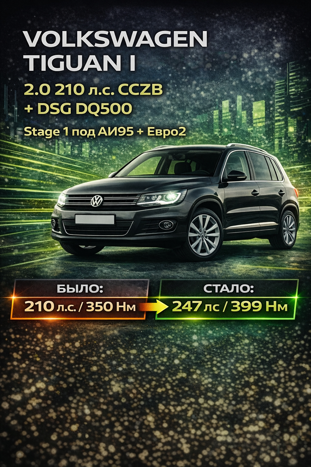 Чип-тюнинг Volkswagen Tiguan I 2.0 TSI CCZB + DQ500 — спокойный Stage 1 под 95 октан
