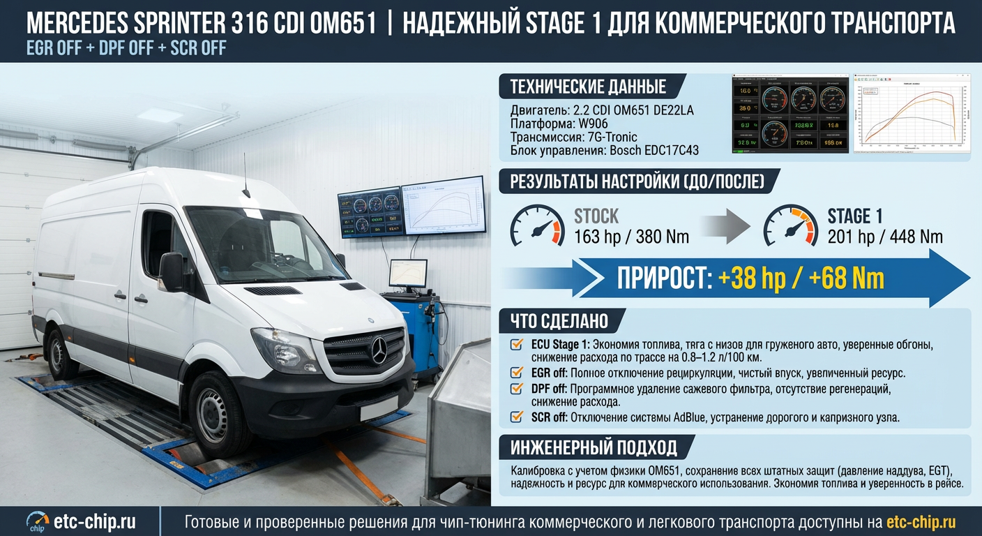 Mercedes Sprinter 316 CDI (OM651) Stage 1 + EGR off + DPF off + SCR off