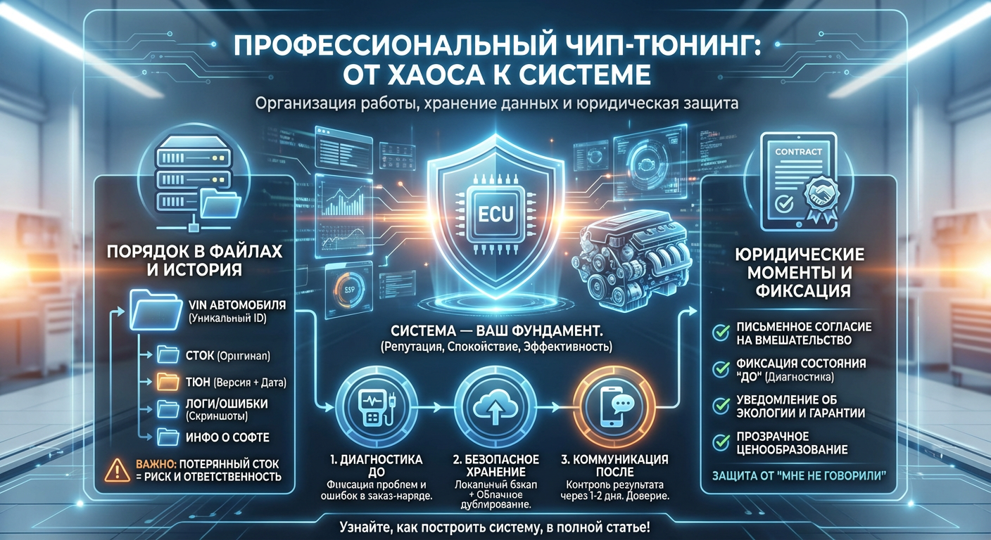 Организация работы и юридические моменты в чип-тюнинге. Хранение файлов и история работ с автомобилями.