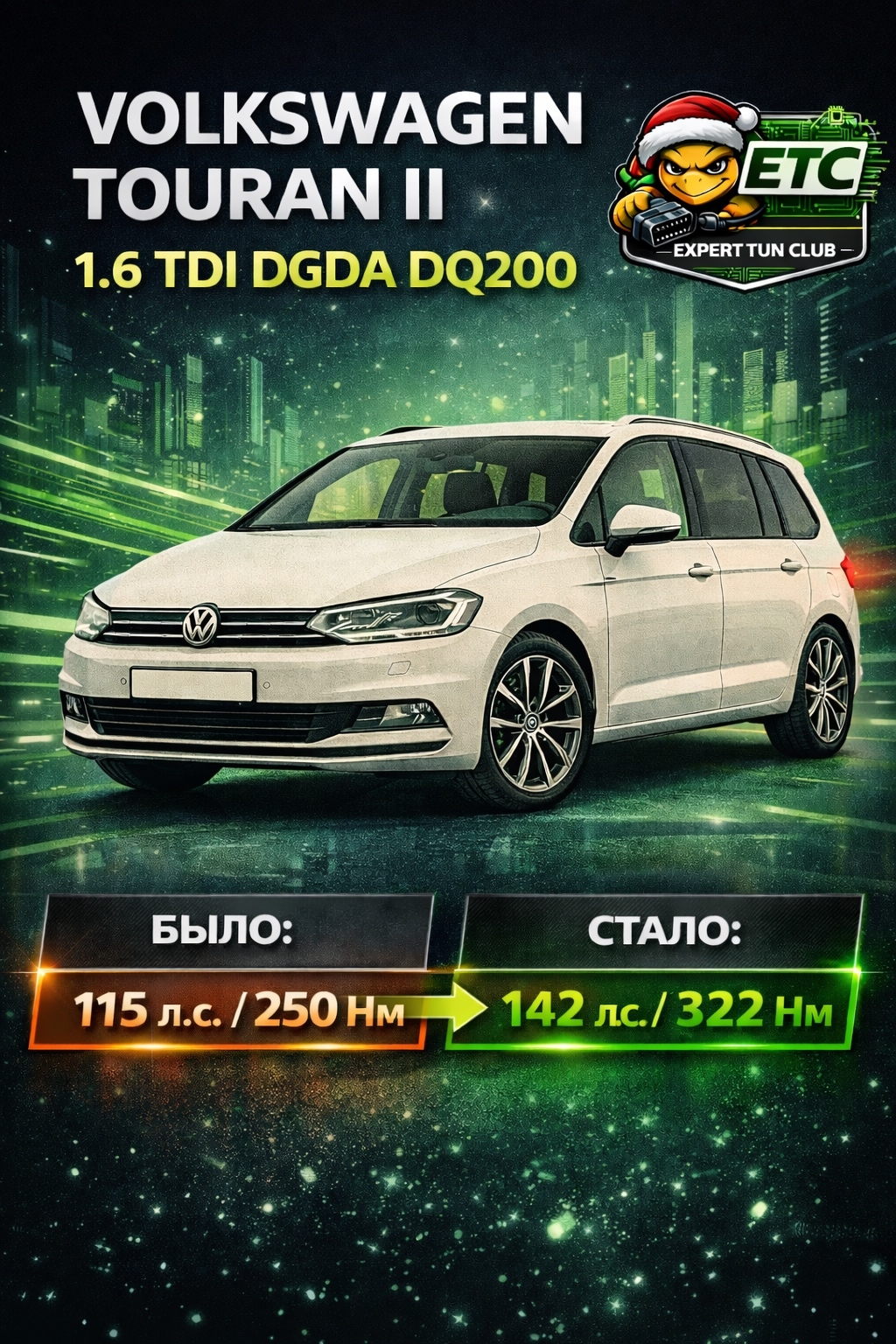 Чип-тюнинг Volkswagen Touran II 1.6 TDI DGDA + DQ200 — аккуратный Stage 1 без риска для ресурса