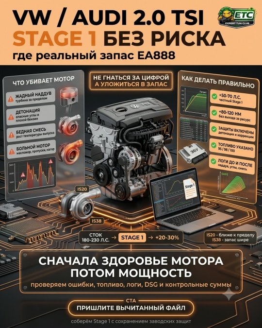 VW и Audi 2.0 TSI (EA888): где реальный запас под Stage1 и как не убить мотор?